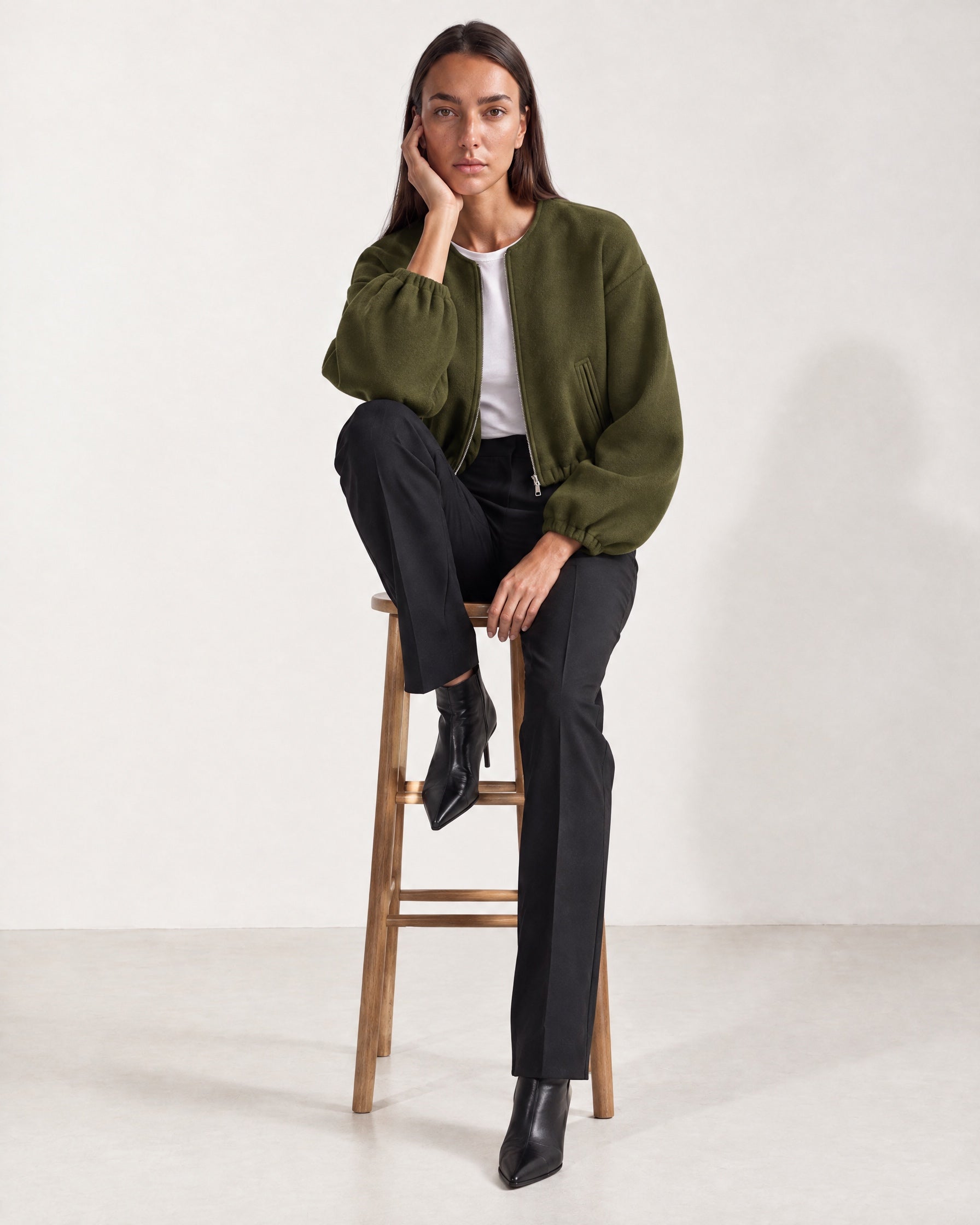 Olive Collarless Jacket Cropped Bomber Jacket with Round Neck and Zip Front