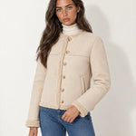 Cream Suedette Jacket Collarless with Fleece Trim