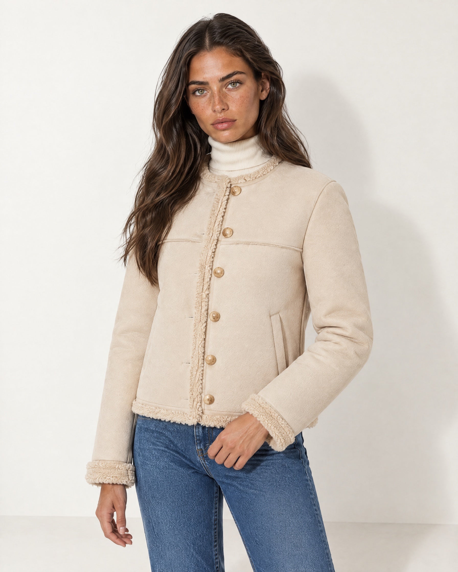 Cream Suedette Jacket Collarless with Fleece Trim