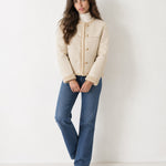 Cream Suedette Jacket Collarless with Fleece Trim