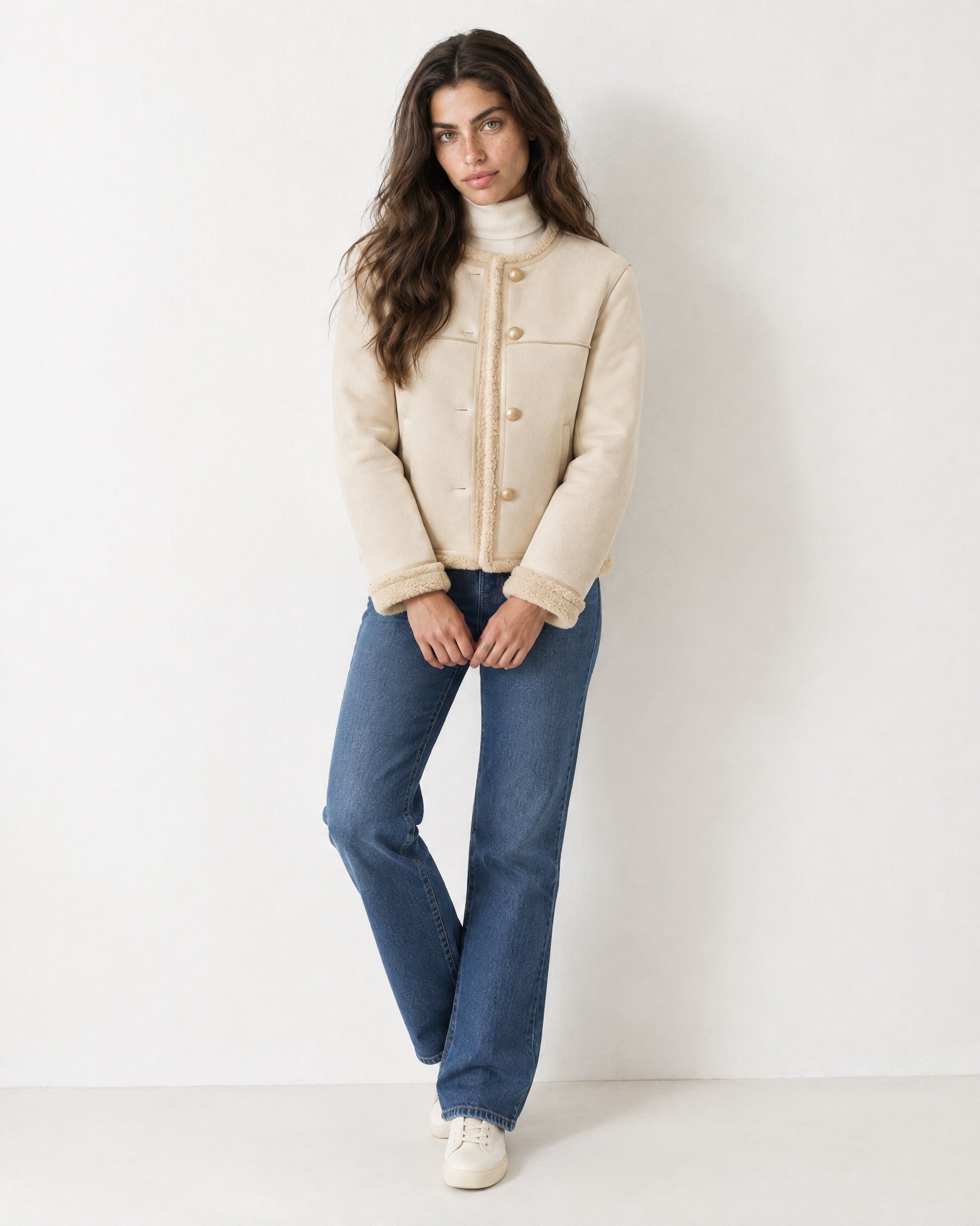 Cream Suedette Jacket Collarless with Fleece Trim