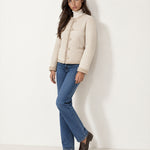 Cream Suedette Jacket Collarless with Fleece Trim