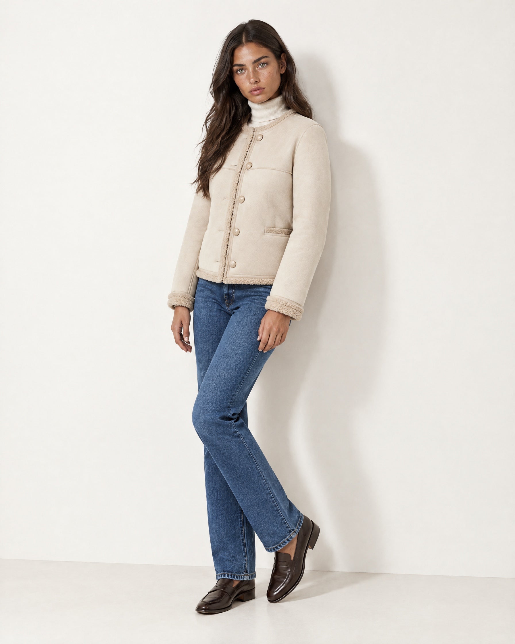 Cream Suedette Jacket Collarless with Fleece Trim