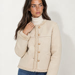 Cream Suedette Jacket Collarless with Fleece Trim
