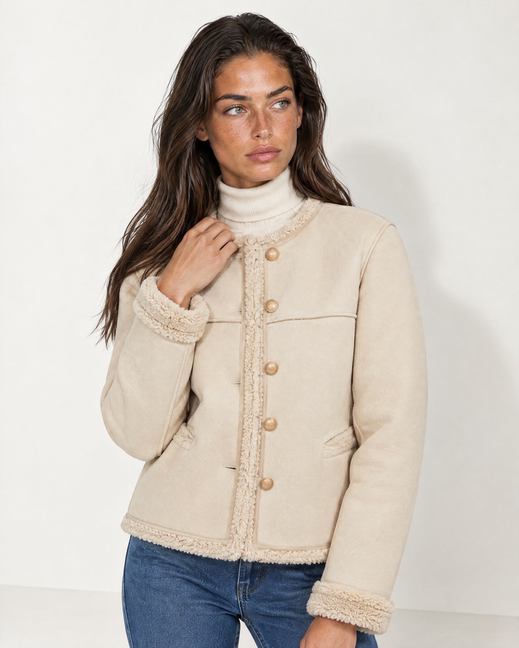 Cream Suedette Jacket Collarless with Fleece Trim