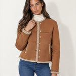 Tan Suedette Jacket Collarless with Fleece Trim