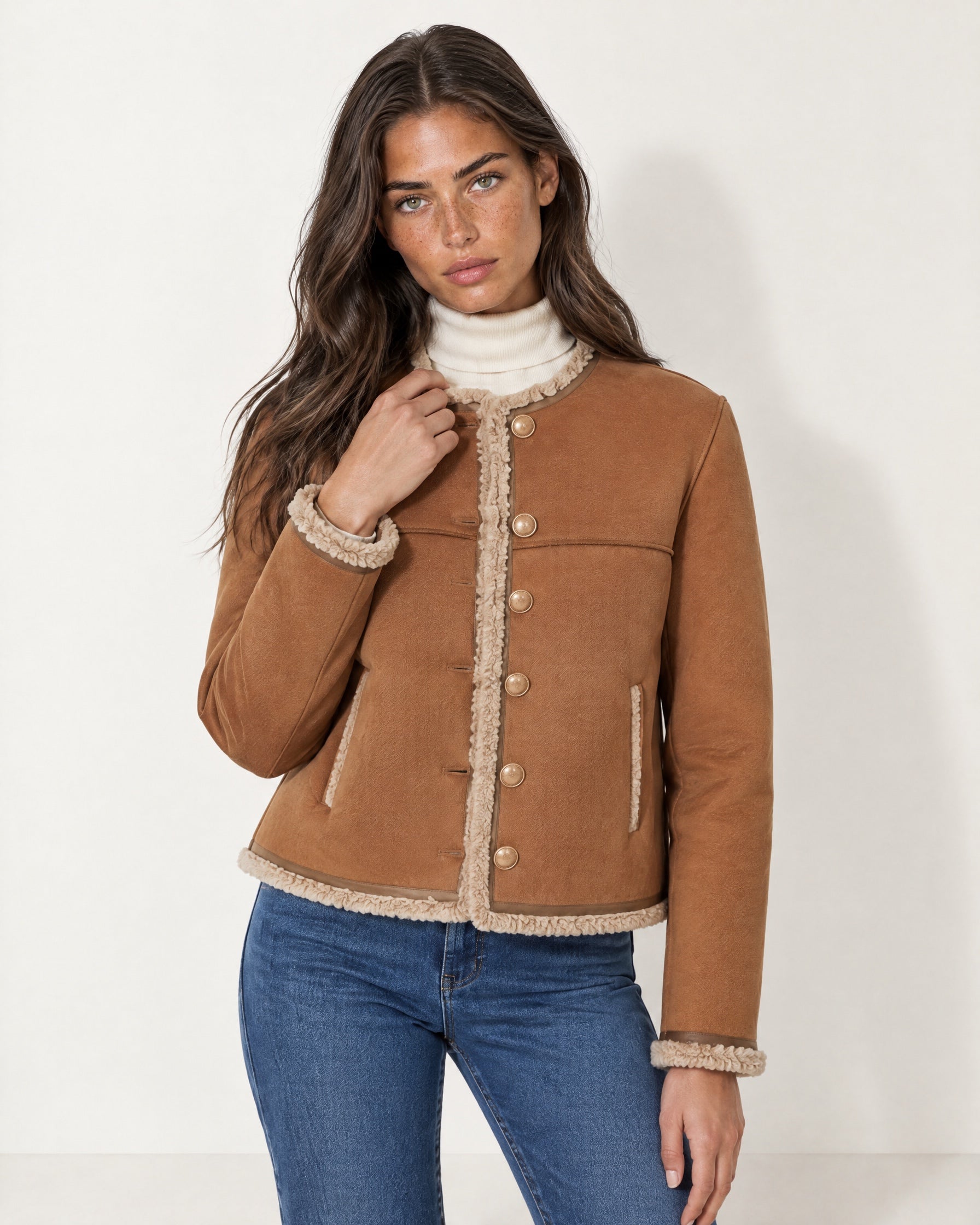 Tan Suedette Jacket Collarless with Fleece Trim