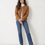 Tan Suedette Jacket Collarless with Fleece Trim