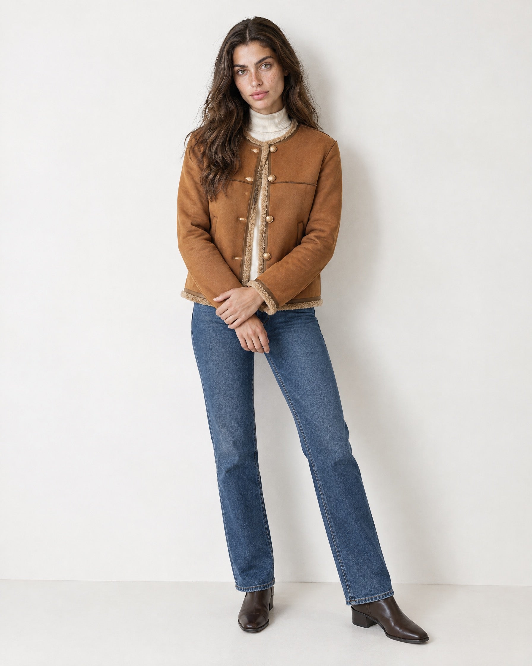 Tan Suedette Jacket Collarless with Fleece Trim