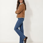 Tan Suedette Jacket Collarless with Fleece Trim