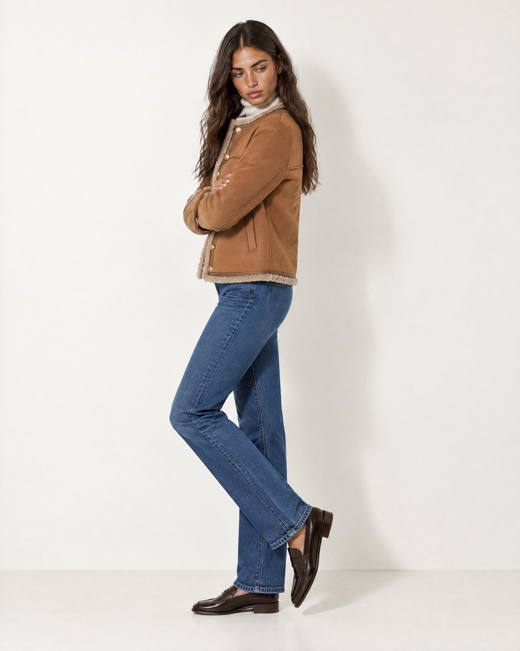 Tan Suedette Jacket Collarless with Fleece Trim