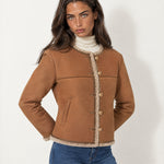 Tan Suedette Jacket Collarless with Fleece Trim