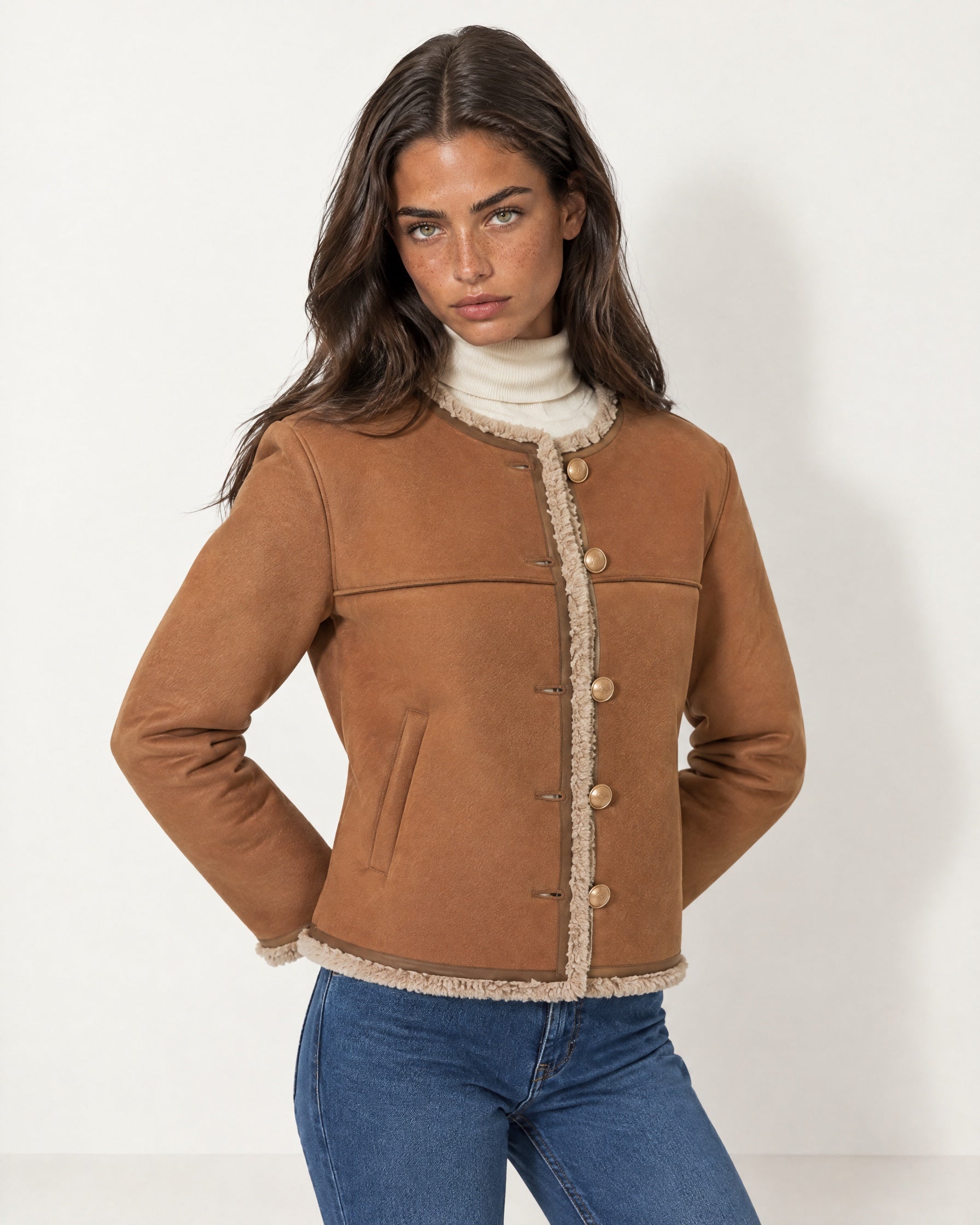 Tan Suedette Jacket Collarless with Fleece Trim