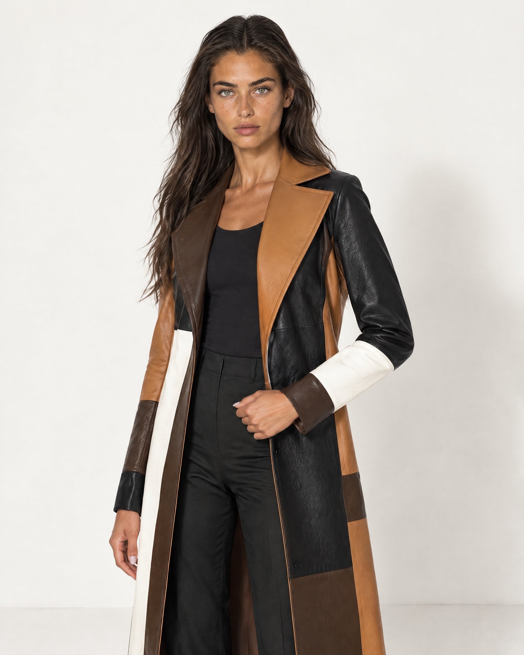 Brown Colour Block Colour Block Coat Long Patchwork