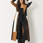 Brown Colour Block Colour Block Coat Long Patchwork