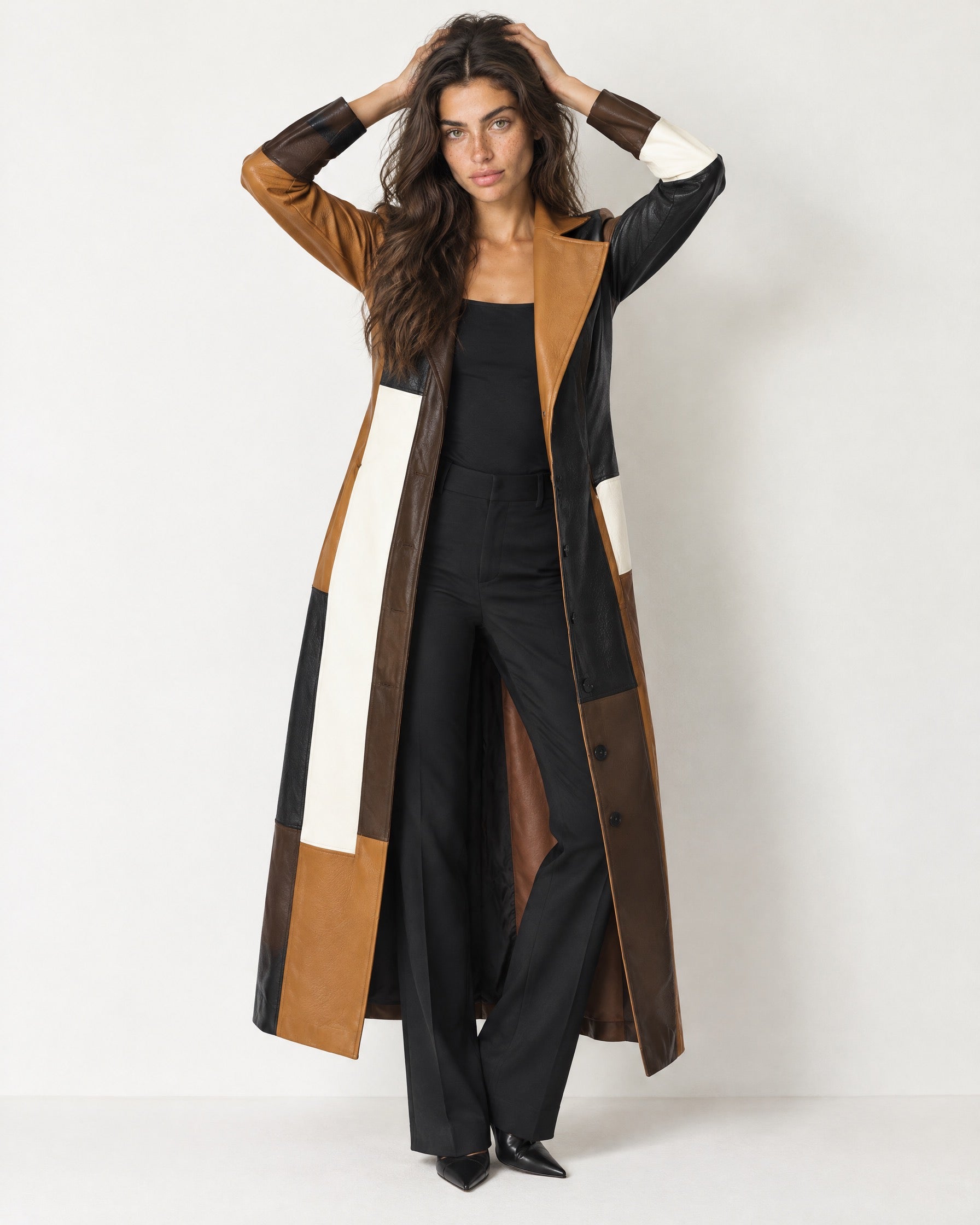 Brown Colour Block Colour Block Coat Long Patchwork