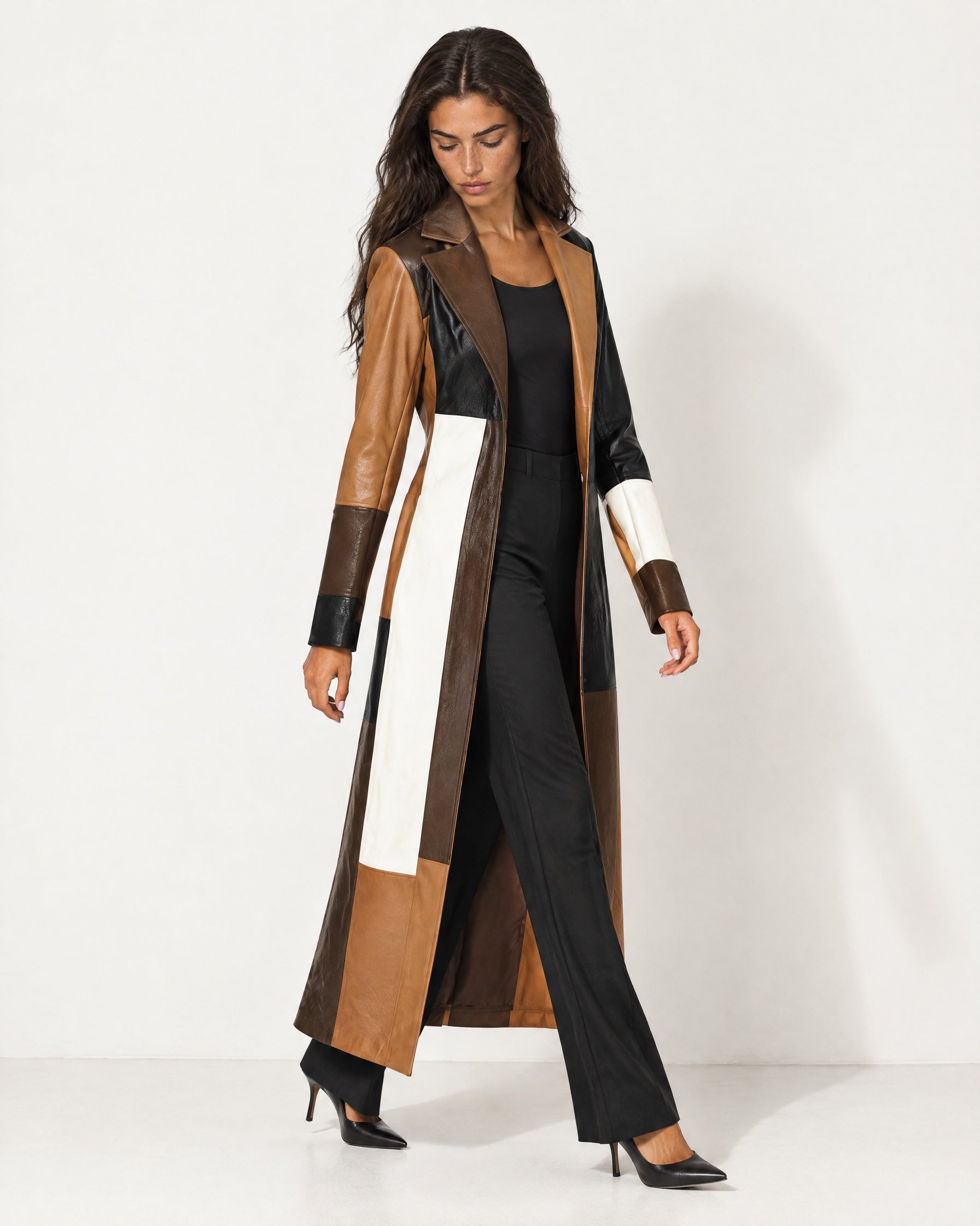 Brown Colour Block Colour Block Coat Long Patchwork