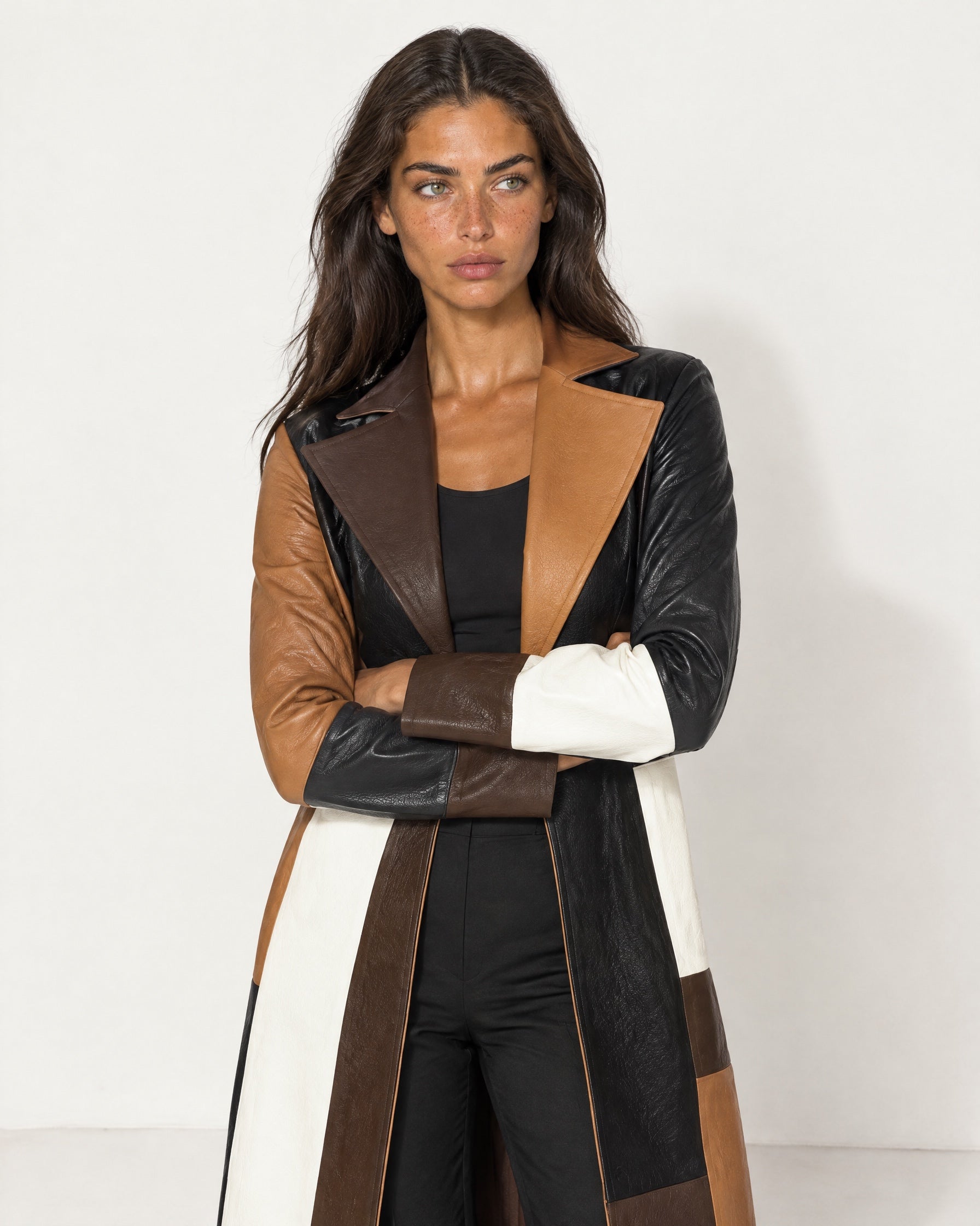 Brown Colour Block Colour Block Coat Long Patchwork