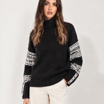 Black Oversized Jumper High Neck with Striped Sleeves