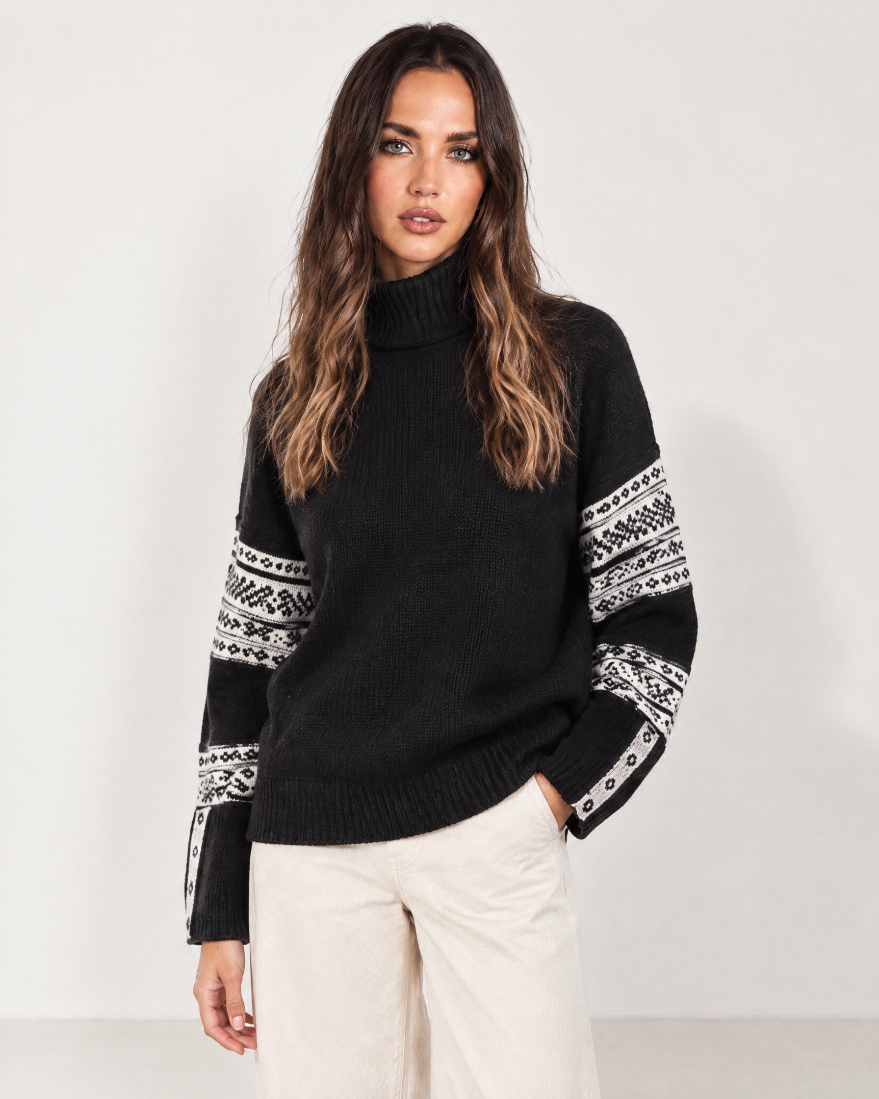 Black Oversized Jumper High Neck with Striped Sleeves