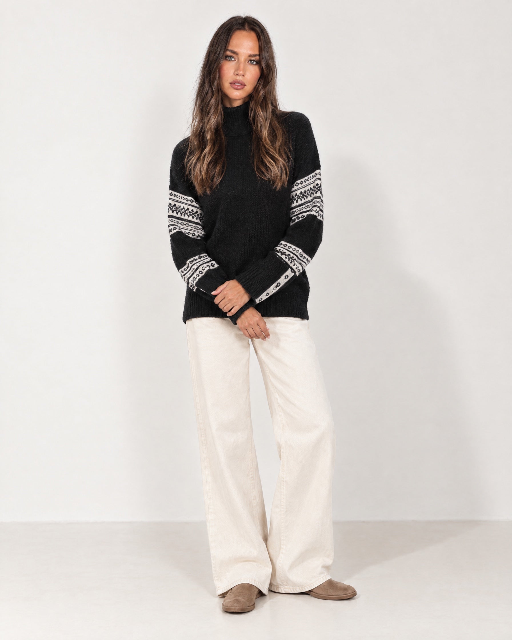 Black Oversized Jumper High Neck with Striped Sleeves