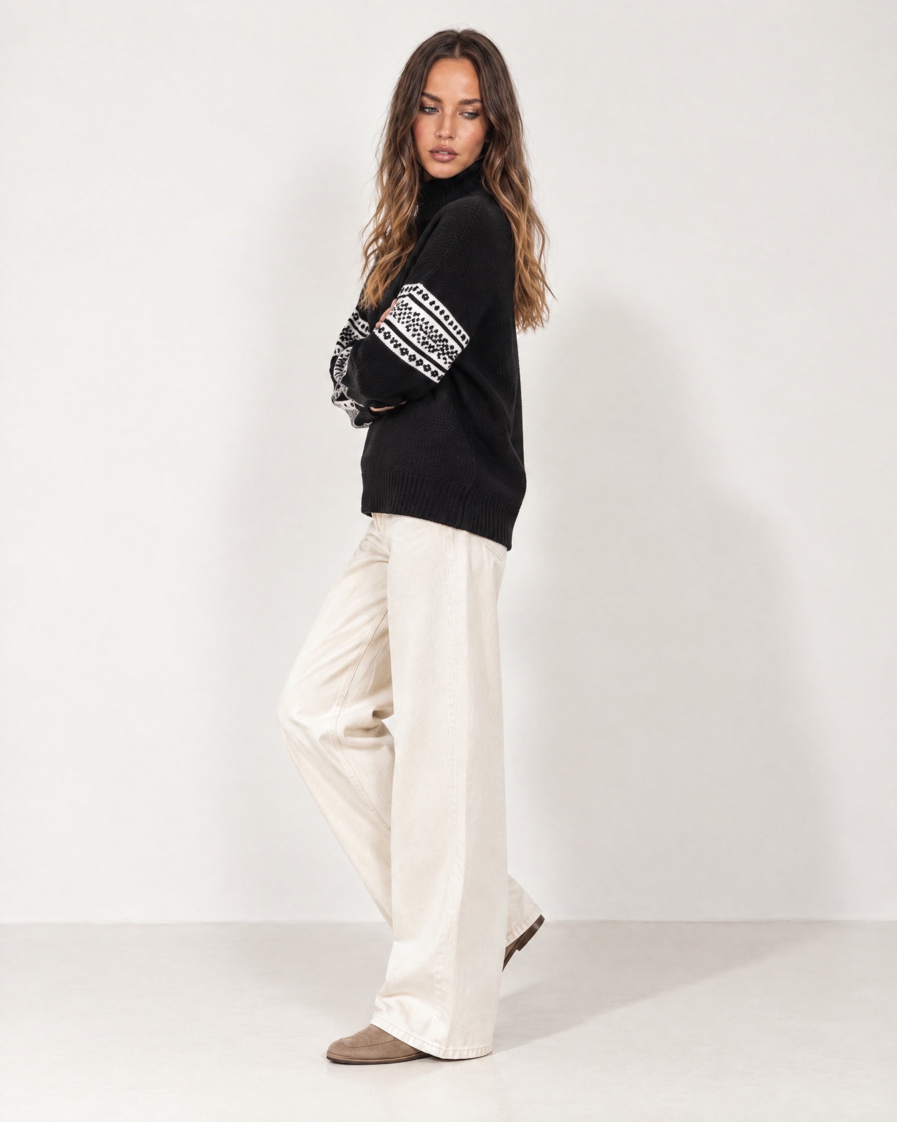 Black Oversized Jumper High Neck with Striped Sleeves