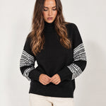Black Oversized Jumper High Neck with Striped Sleeves