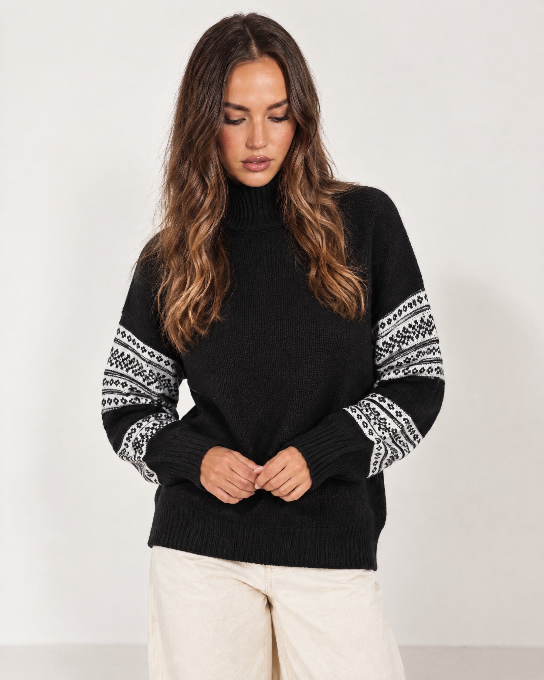 Black Oversized Jumper High Neck with Striped Sleeves