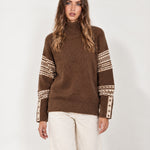 Coffee Brown Oversized Jumper High Neck with Striped Sleeves