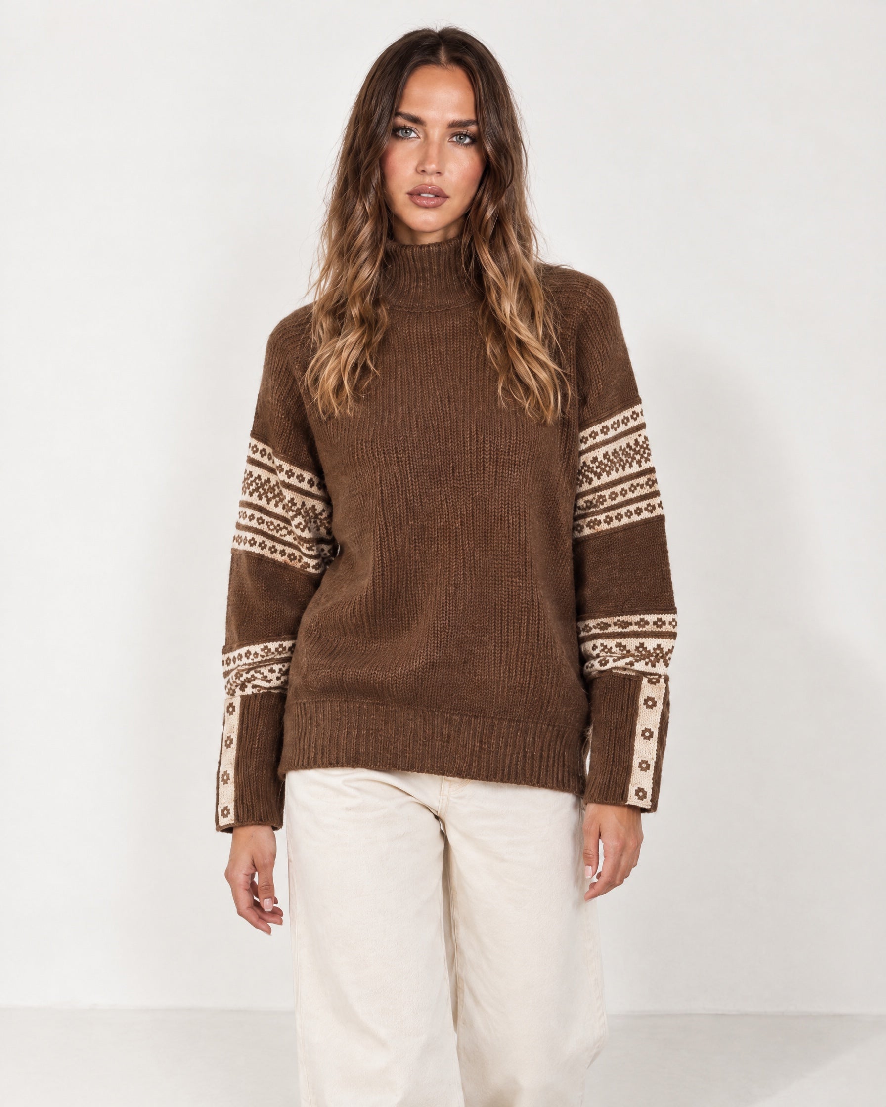 Coffee Brown Oversized Jumper High Neck with Striped Sleeves