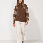 Coffee Brown Oversized Jumper High Neck with Striped Sleeves
