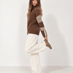 Coffee Brown Oversized Jumper High Neck with Striped Sleeves