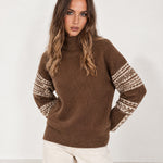 Coffee Brown Oversized Jumper High Neck with Striped Sleeves