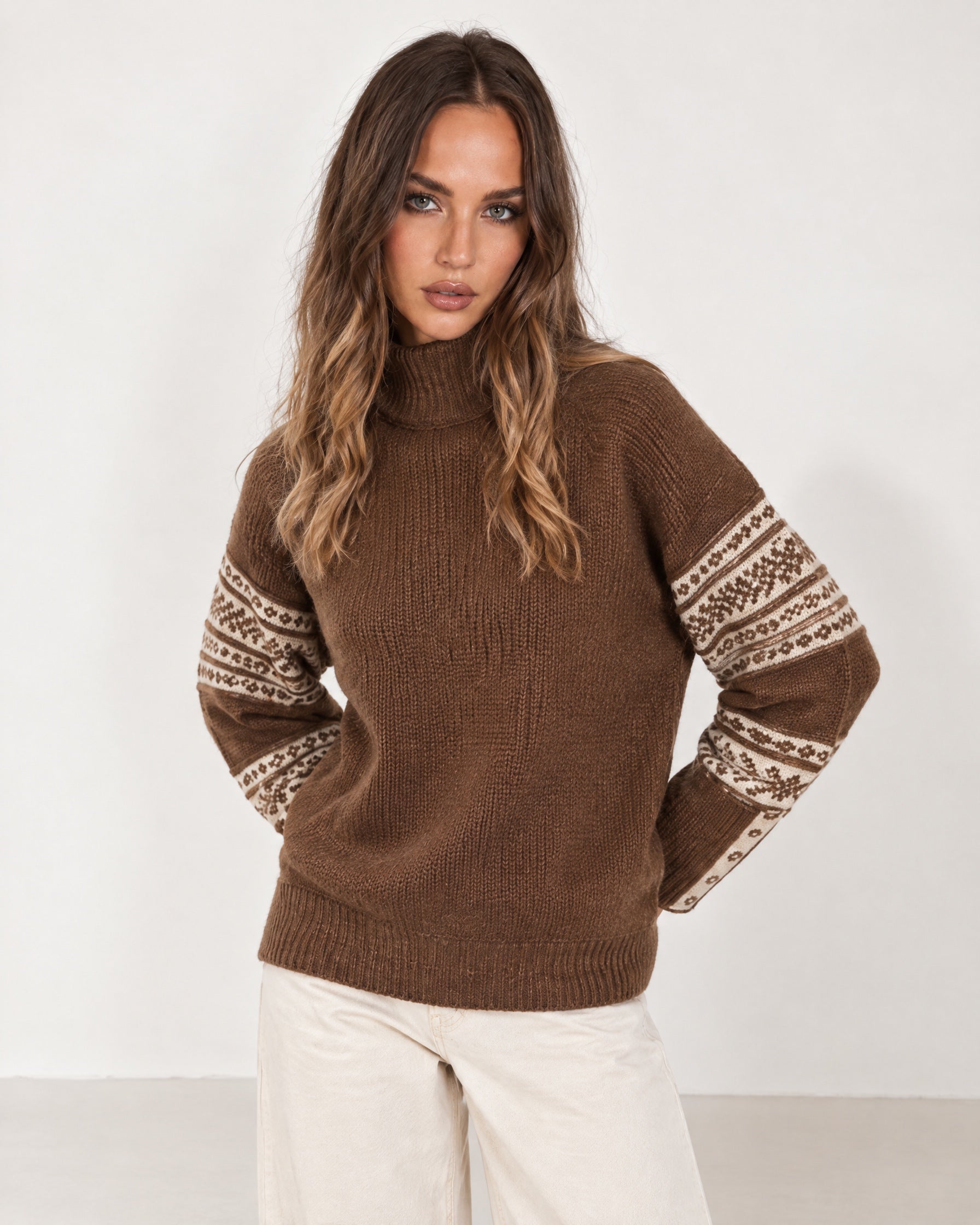 Coffee Brown Oversized Jumper High Neck with Striped Sleeves