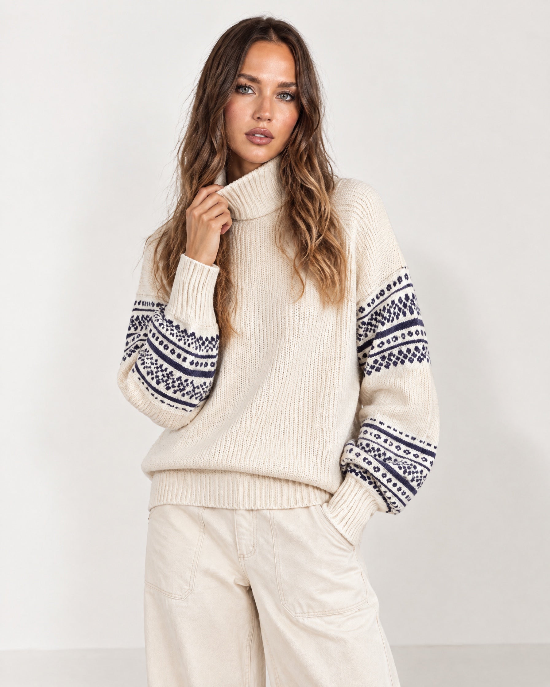 Cream Oversized Jumper High Neck with Striped Sleeves
