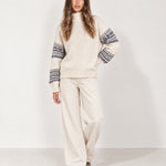 Cream Oversized Jumper High Neck with Striped Sleeves