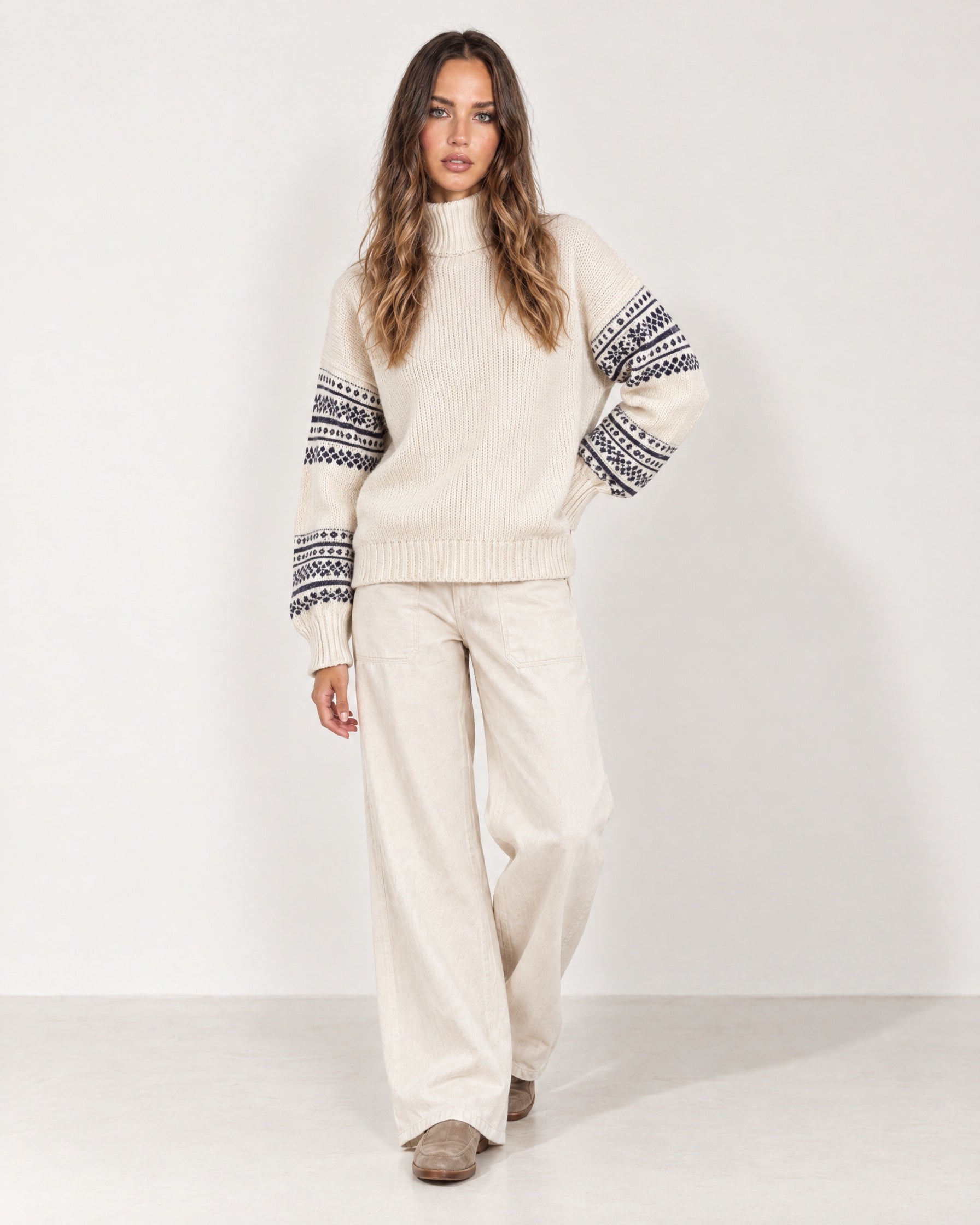 Cream Oversized Jumper High Neck with Striped Sleeves