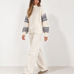 Cream Oversized Jumper High Neck with Striped Sleeves