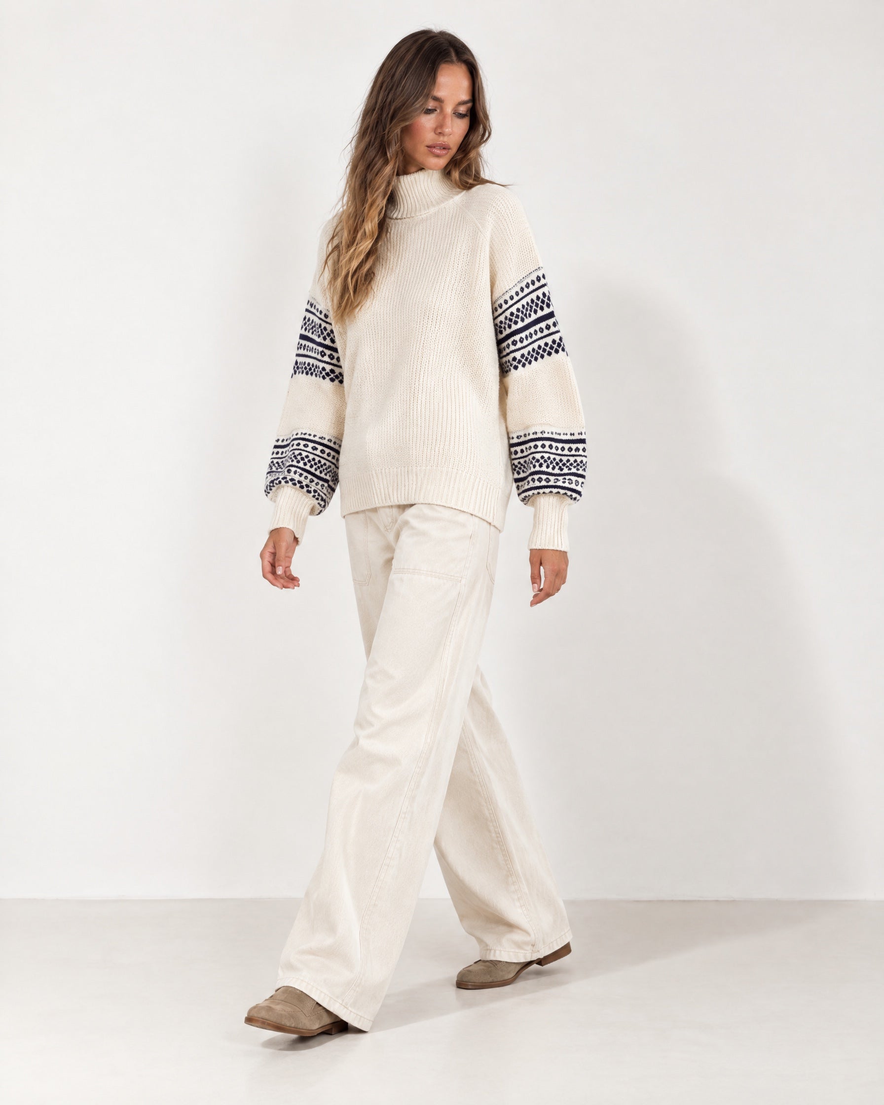Cream Oversized Jumper High Neck with Striped Sleeves
