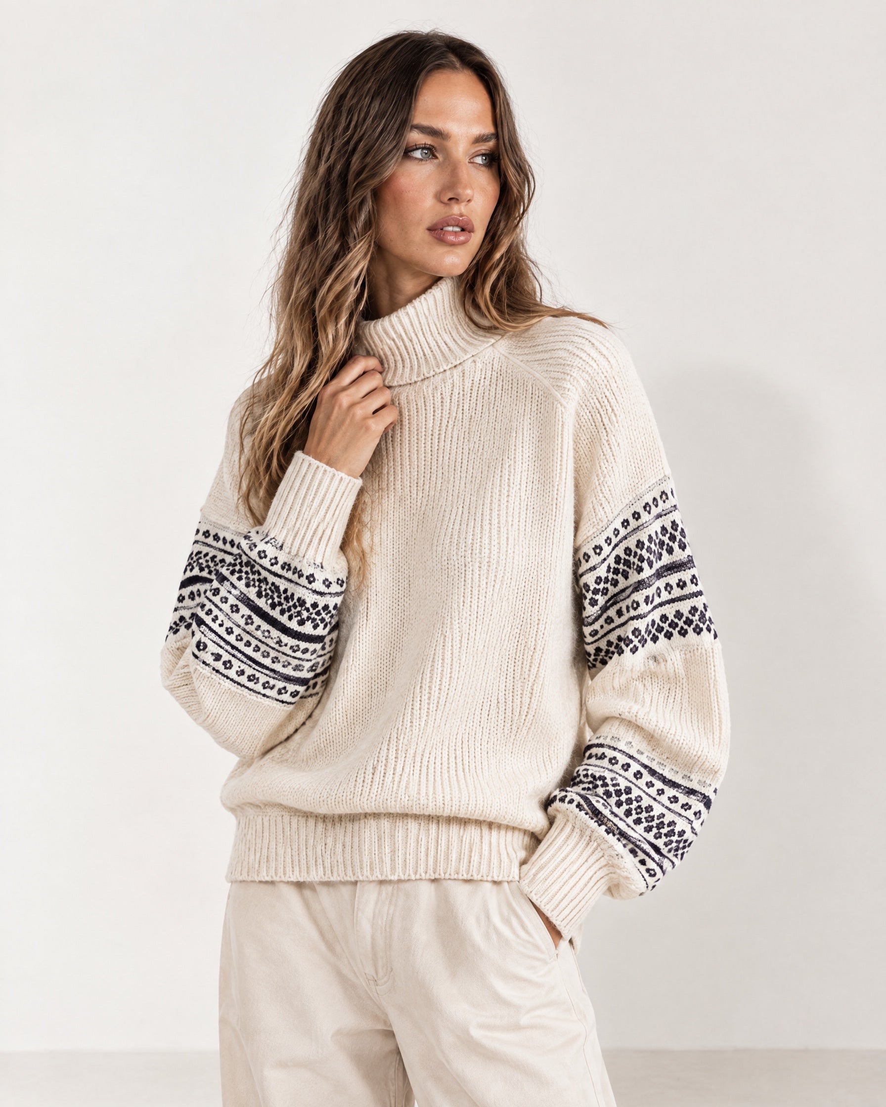Cream Oversized Jumper High Neck with Striped Sleeves