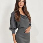 Grey Cowl Neck Midi Dress Ribbed Batwing Sleeve