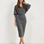 Grey Cowl Neck Midi Dress Ribbed Batwing Sleeve