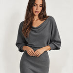 Grey Cowl Neck Midi Dress Ribbed Batwing Sleeve