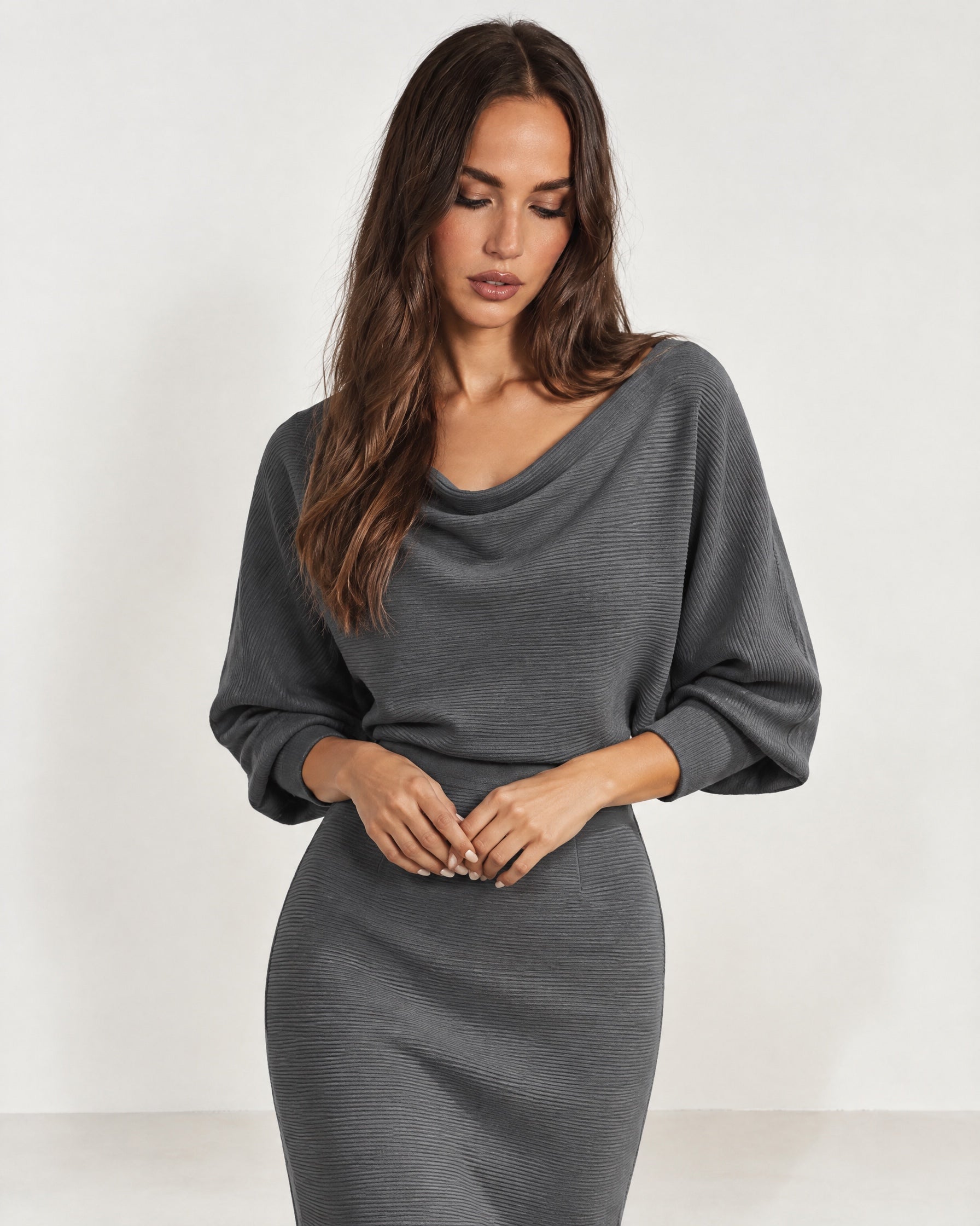 Grey Cowl Neck Midi Dress Ribbed Batwing Sleeve