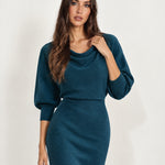 Teal Cowl Neck Midi Dress Ribbed Batwing Sleeve