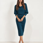 Teal Cowl Neck Midi Dress Ribbed Batwing Sleeve
