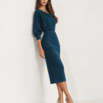 Teal Cowl Neck Midi Dress Ribbed Batwing Sleeve