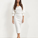 White Cowl Neck Midi Dress Ribbed Batwing Sleeve