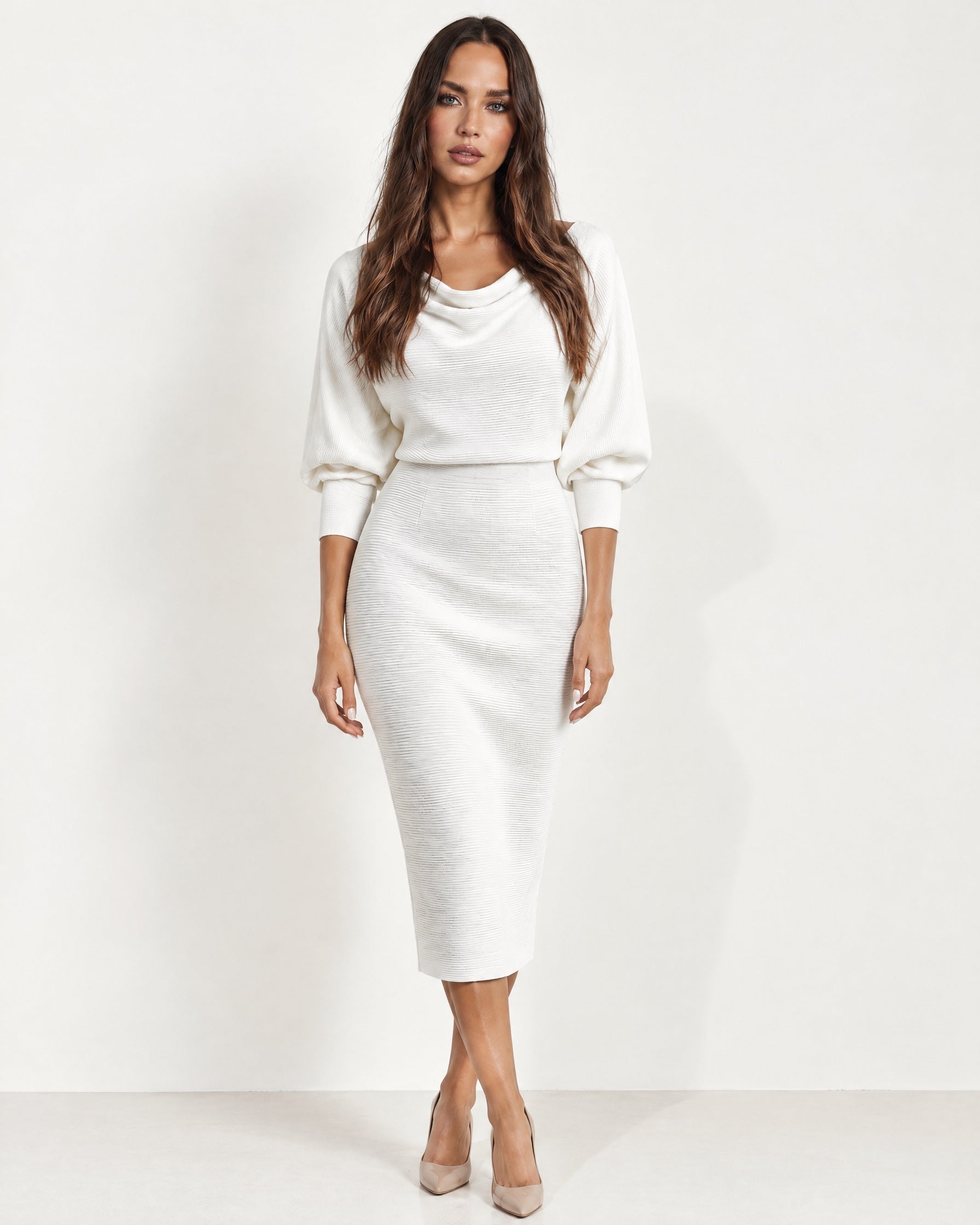 White Cowl Neck Midi Dress Ribbed Batwing Sleeve