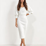 White Cowl Neck Midi Dress Ribbed Batwing Sleeve